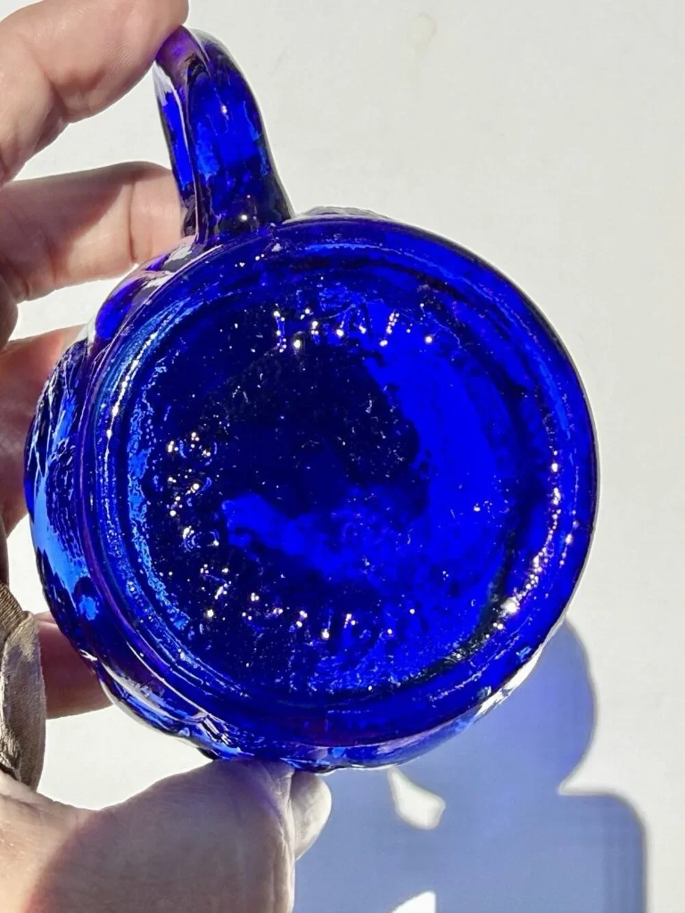 Vintage Cobalt Blue Glass Finger Oil Lamp Fruit Base & Ruffled Chimney Hong Kong
